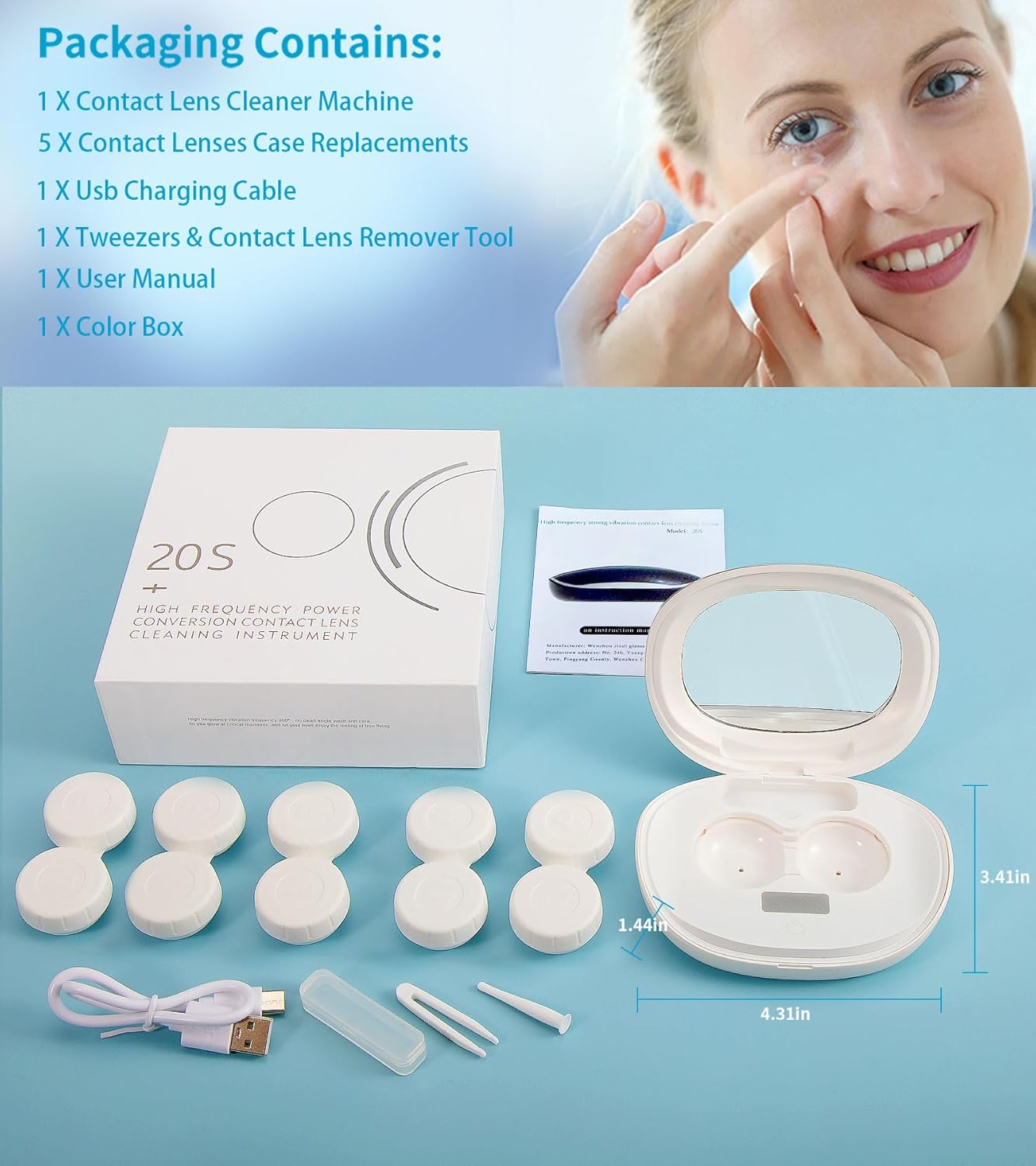 ofone Contact Lens Cleaner, Ultrasonic Contact Lens Cleaning Machine with USB Charger, Timer Display and 5 Contact Solution Cases Kit Replacement for Soft Hard Colored RGP Lenses (White)