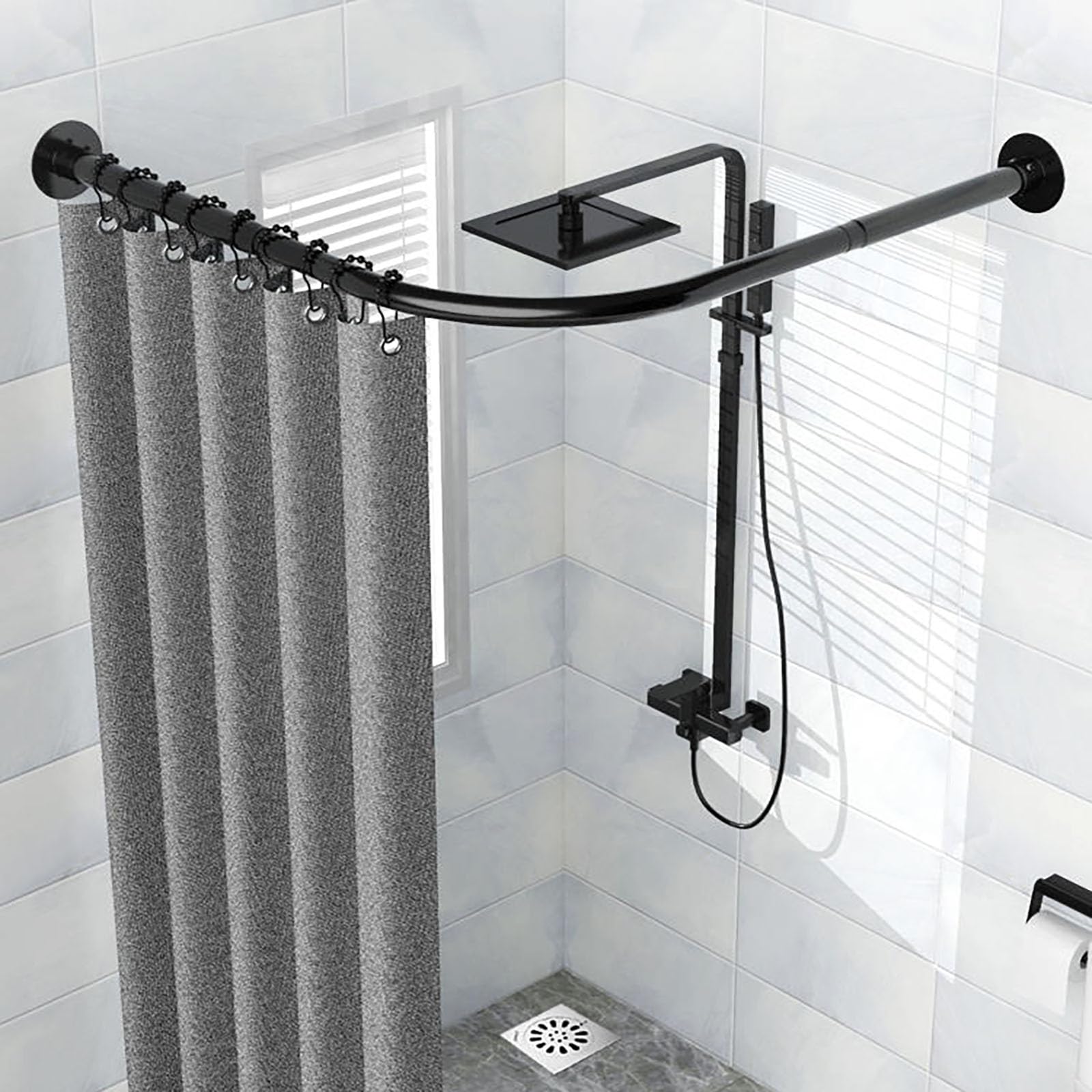 Duschvorhangstange Schwarz L Form, Edelstahl Duschstange Ecke Badewanne, Gebogen Duschvorhangstange Ohne Bohren, Für Badezimmer, Bekleidungsgeschäft, Privatrau(Size:A 70-95cm x 70-95cm,Color:Schwarz)