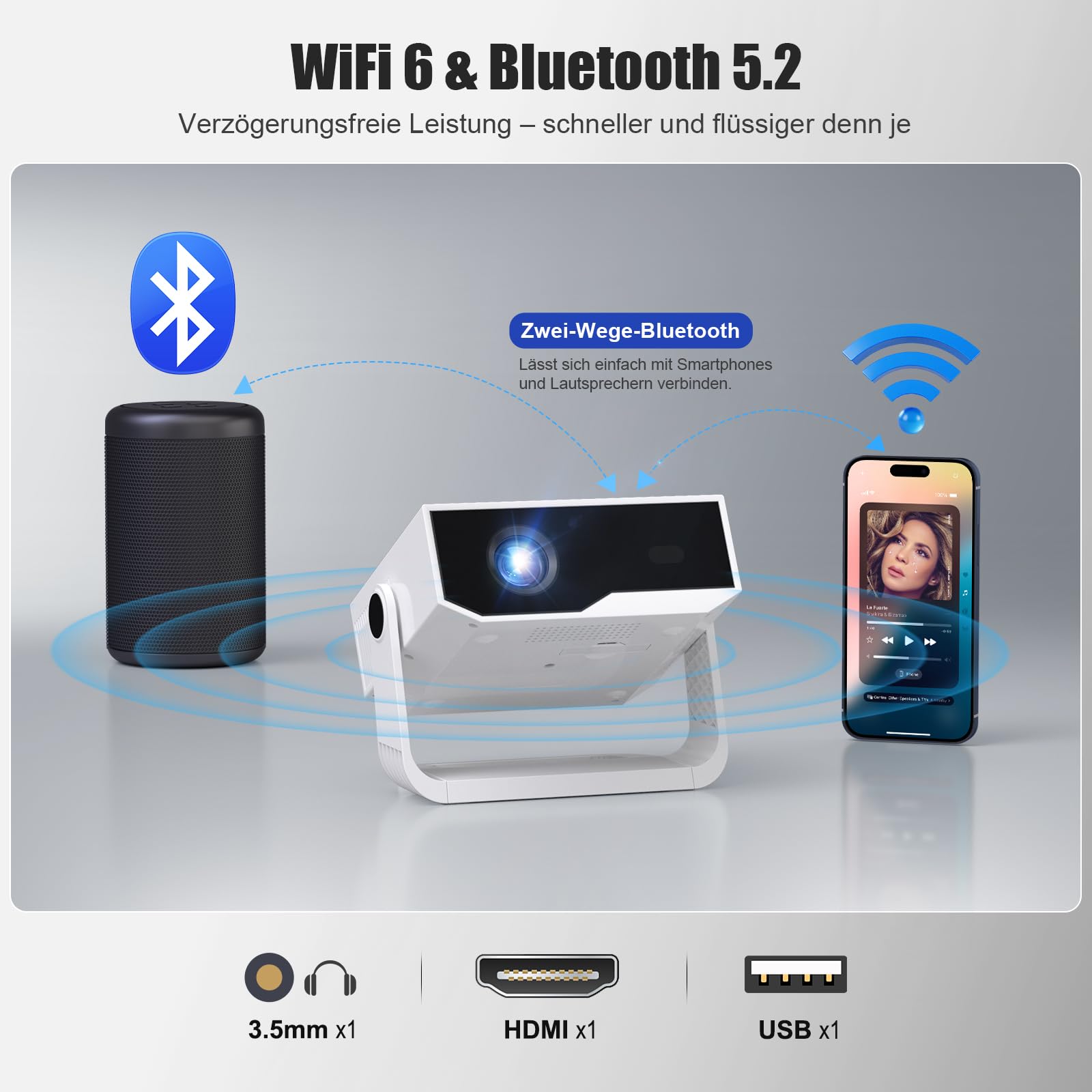 ZDK 2026 Upgrade Mini Beamer Integrierte Apps, Android 14, unterstützt 4K 1080P, Trapezkorrektur, WLAN&BT Beamer 4K Heimkino, Projektor Tragbarer mit um 270° drehbarem Ständer, Kompatibel Laptop/Handy