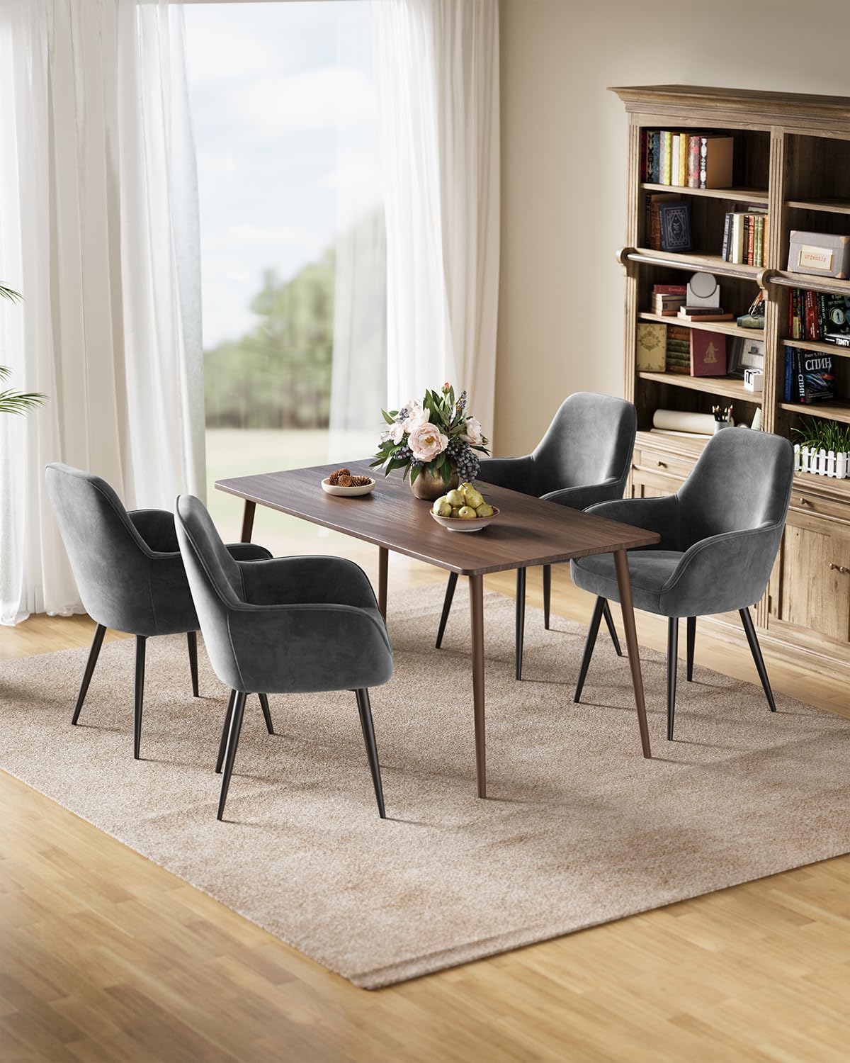 ELUCHANG Silla de Comedor Tapizada Terciopelo con Reposabrazos Pack 4, Ergonómica para Cocina, Dormitorio, Sala, Carga 120kg, Patas de Metal Estable, Gris Oscuro
