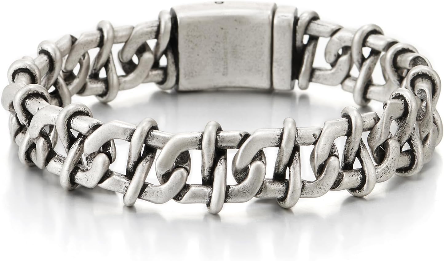 COOLSTEELANDBEYOND Braided Curb Chain, Marine Link Chain, Stainless Steel Bracelet for Men, Vintage Old Silver Color