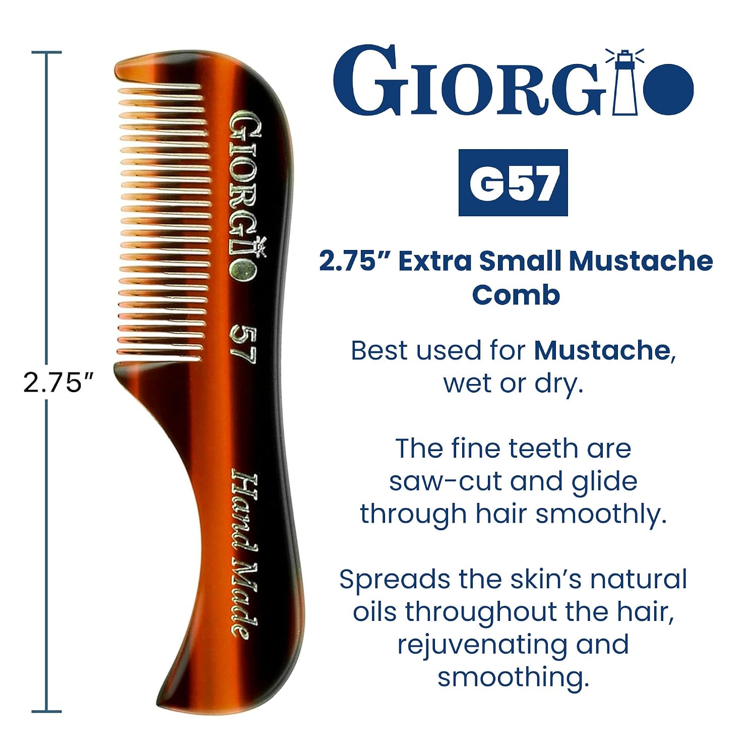 Giorgio G57 Extra Small Men's Fine Tooth Beard and Mustache Comb for Facial Hair Grooming and Styling. Wallet Pocket Comb Beard Comb for Men, Handmade, Saw-Cut and Hand Polished