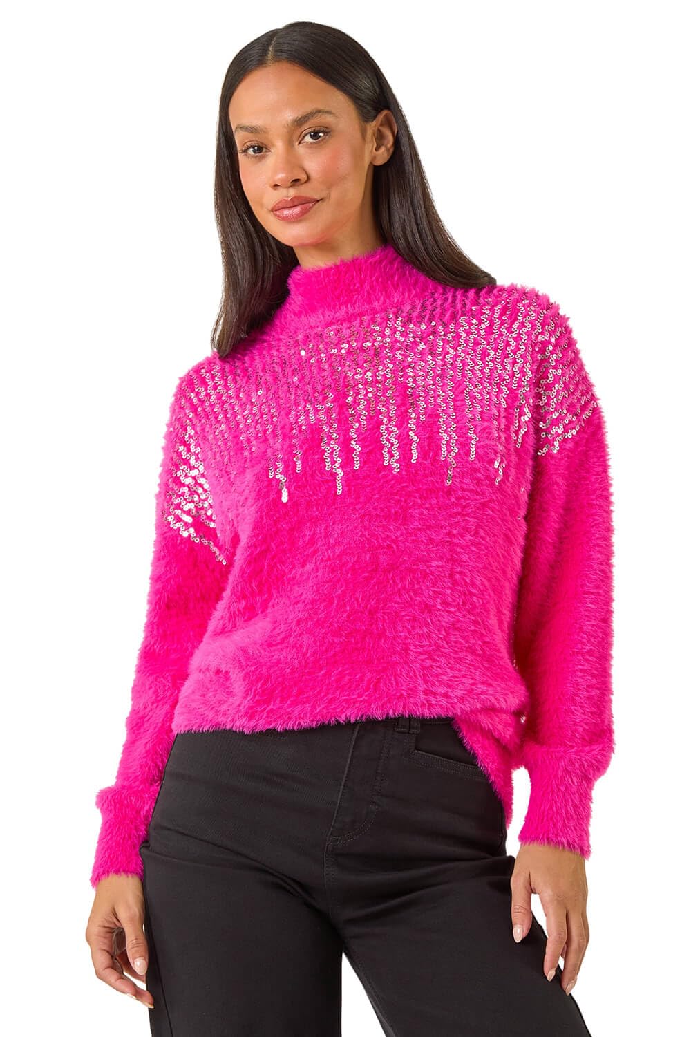 Roman Fluffy Sequin Embellished Jumper for Women UK - Ladies Autumn Everyday Winter Holiday High Neckline Comfy Long Sleeve Soft Sparkle Detail Dinner Out Sweaters - Pink - Size 10