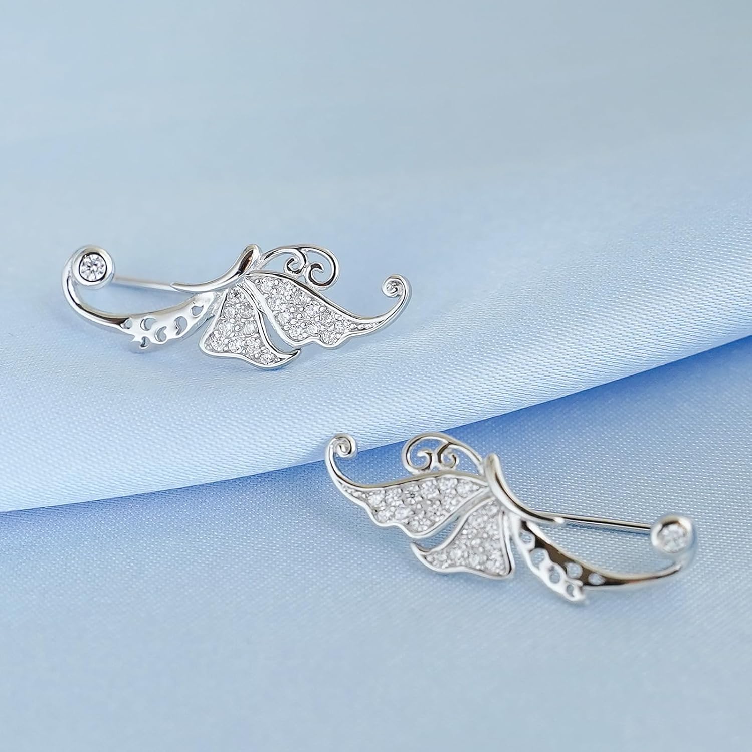 Rhodium on Sterling Silver Paved CZ Butterfly Wing Cuff Post Climber Crawler Earrings