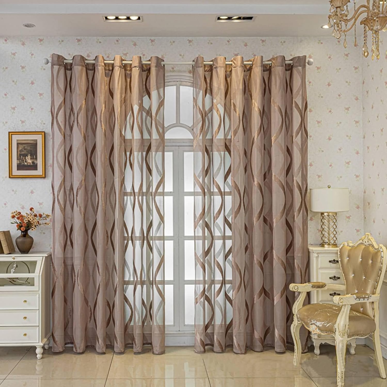 Daesar Window Curtains 2 Panel Sets 45 Inch Length, Eyelet Tulle Curtains Jacquard Waves Pattern Window Voile Panels/Drapes/Treatment for Bedroom Living Room, 38x45 Inch Coffee