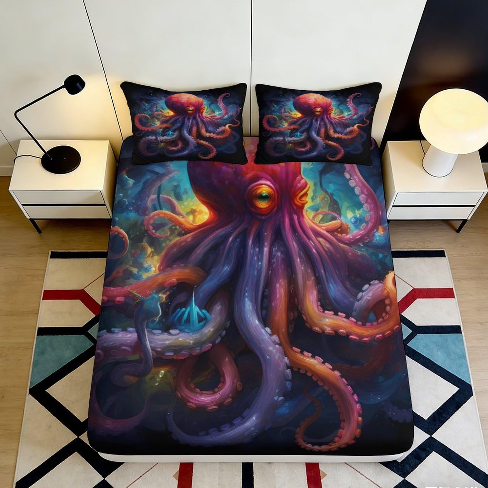 3D Printed Ocean Octopus Fitted Sheet Microfiber Deep Pocket Non-Slip Bedding Set Octopus Mattress Fitted Cover Elastic Hem Washable for Bedroom 120x200x25cm