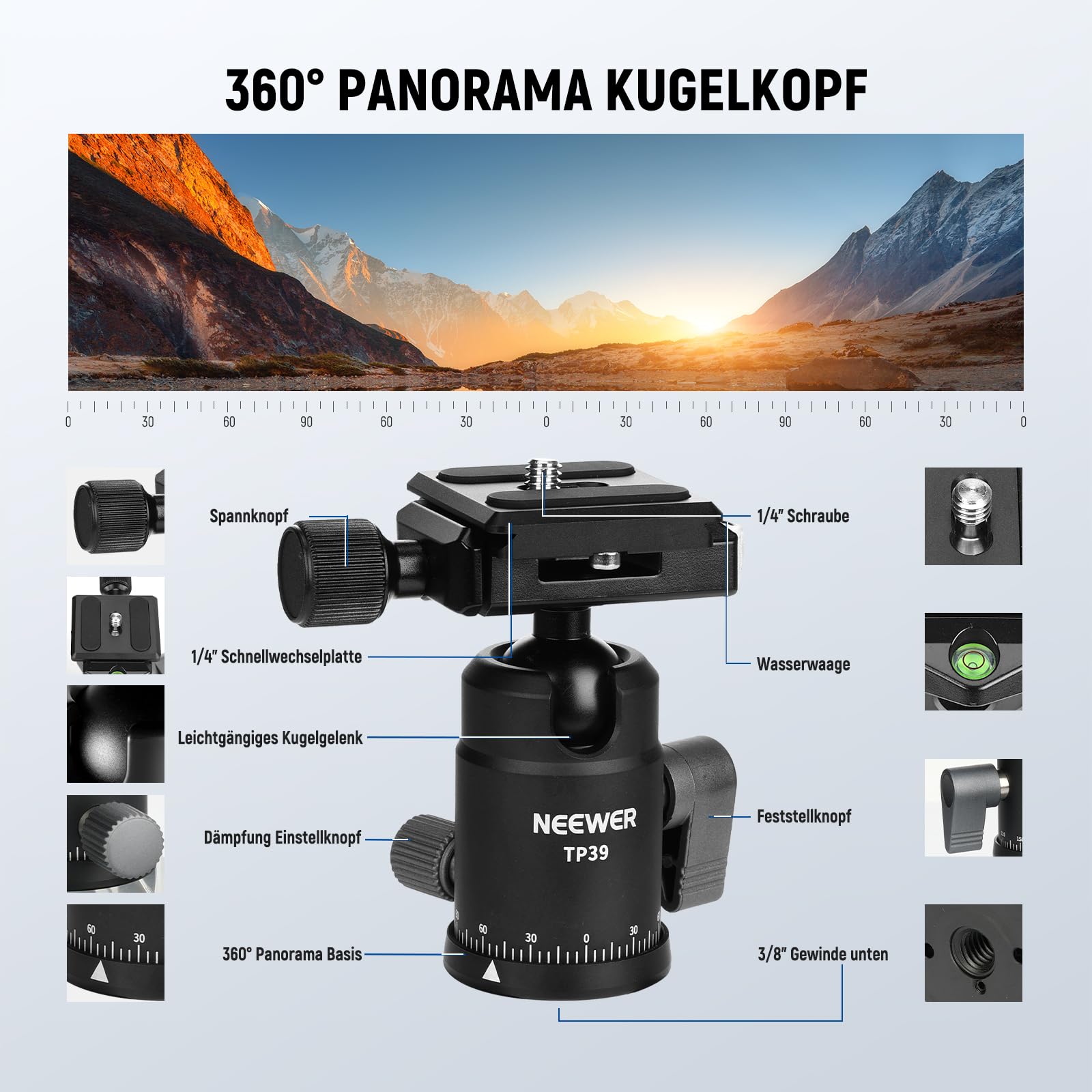 NEEWER Carbonfaser Kamerastativ Einbeinstativ, 65" leichtes kompaktes tragbares DSLR Video 360°Reisestativ Kugelkopf, rutschfeste Schnellwechselplatte, umgekehrte Mittelachse, max. Last 13,2 lbs, TP39