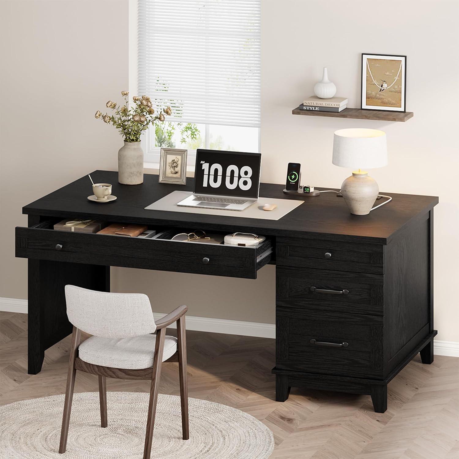 53.5" Farmhouse Home Office Desk with File Cabinet, Wooden Executive Desk with Power Outlet, Work Desk with Drawers, Traditional Wood Desk for Home and Office, Black