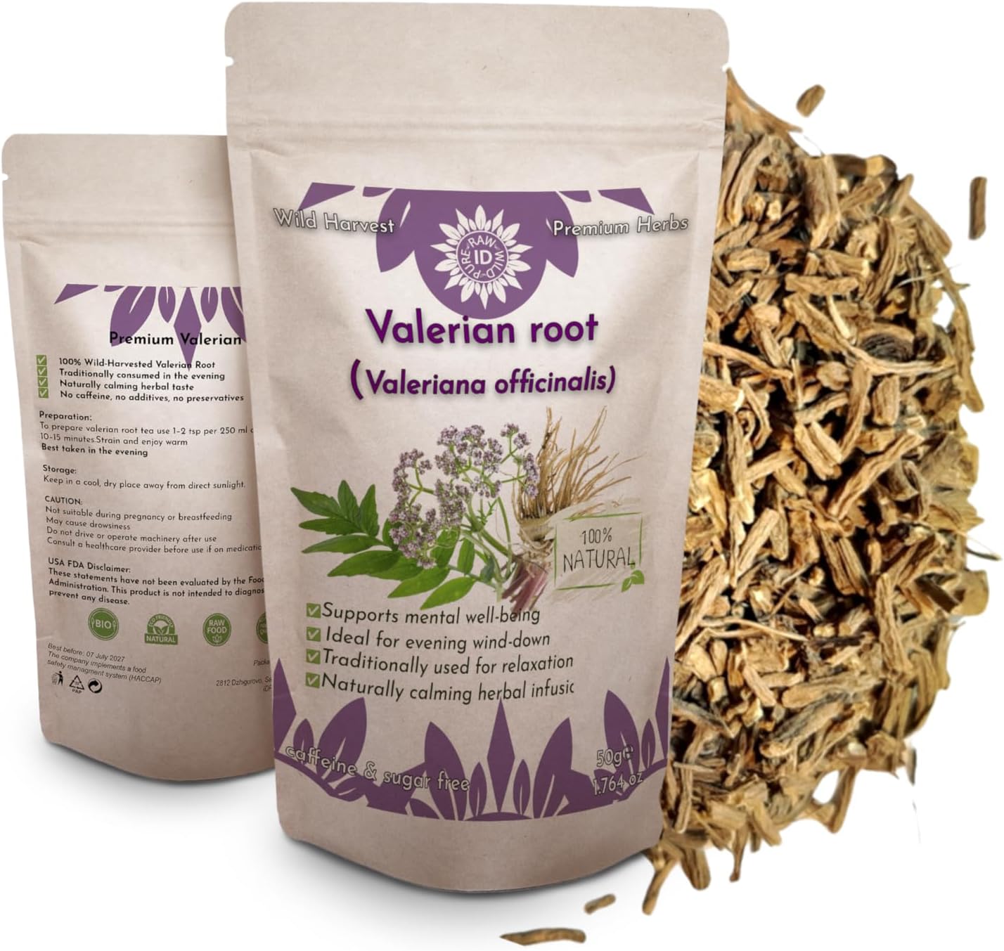 Valerian Root 100g – Premium Quality| Natural Herbal Tea Cut | Traditionally Used for Restful Nights, Calm & Relaxation | 100% Pure & Caffeine-Free | Valeriana officinalis | iD Pure Raw Wild