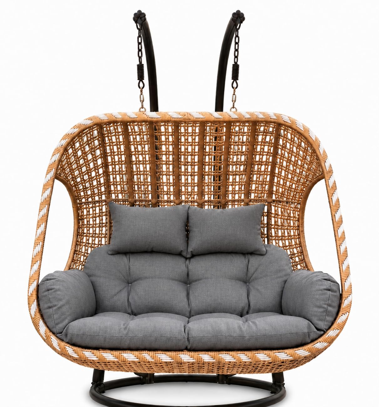 Outdoor Hanging Egg Swing Chair, Brown Wicker Basket Seat, Patio Hanging Chair, Garden Balcony Swing Seat, Indoor Outdoor Lounge, Relaxation Seating for Home,Grey Cushions-image-2