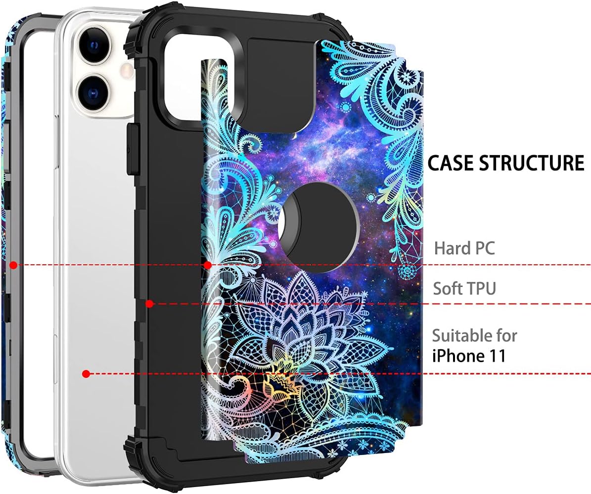 Casetego for iPhone 11 Case,Heavy Duty Shockproof 3 Layer Hard PC+Soft Silicone Bumper Rugged Anti-Slip Protective Cases for Apple iPhone 11 6.1 inch,Blue Mandala