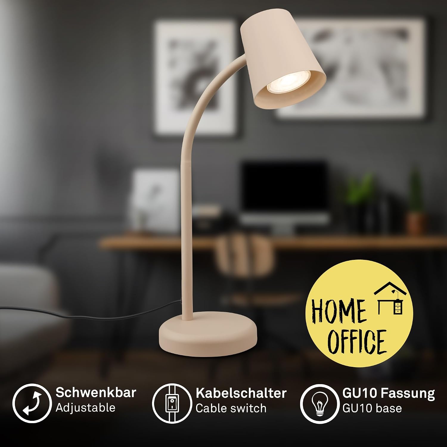 BRILONER - Desk Lamp with Cable Switch, Swivelling, GU10, Max. 9 W, Table Lamp, Bedside Lamp, Table Lamp, Decoration, Office Lamp, Reading Lamp, Bed, Reading Light, 13 x 38.5 cm, Beige Beige 385 mm Plug