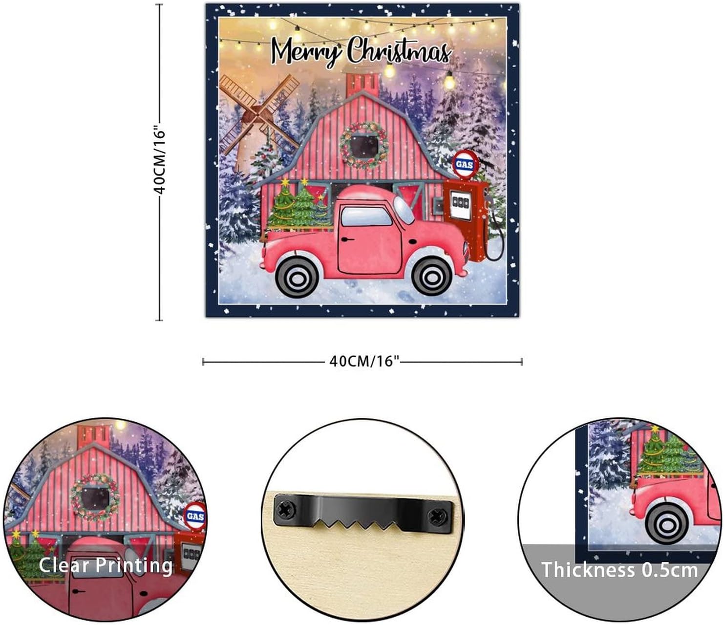 Christmas Gas Station Wooden Signs Classic Winter Farm Snow Tree Red Truck Wooden Wall Art Signs Hello Winter Wall Decor Hanging Plaque Sign For Bedroom Living Room Home Kitchen 16x16in