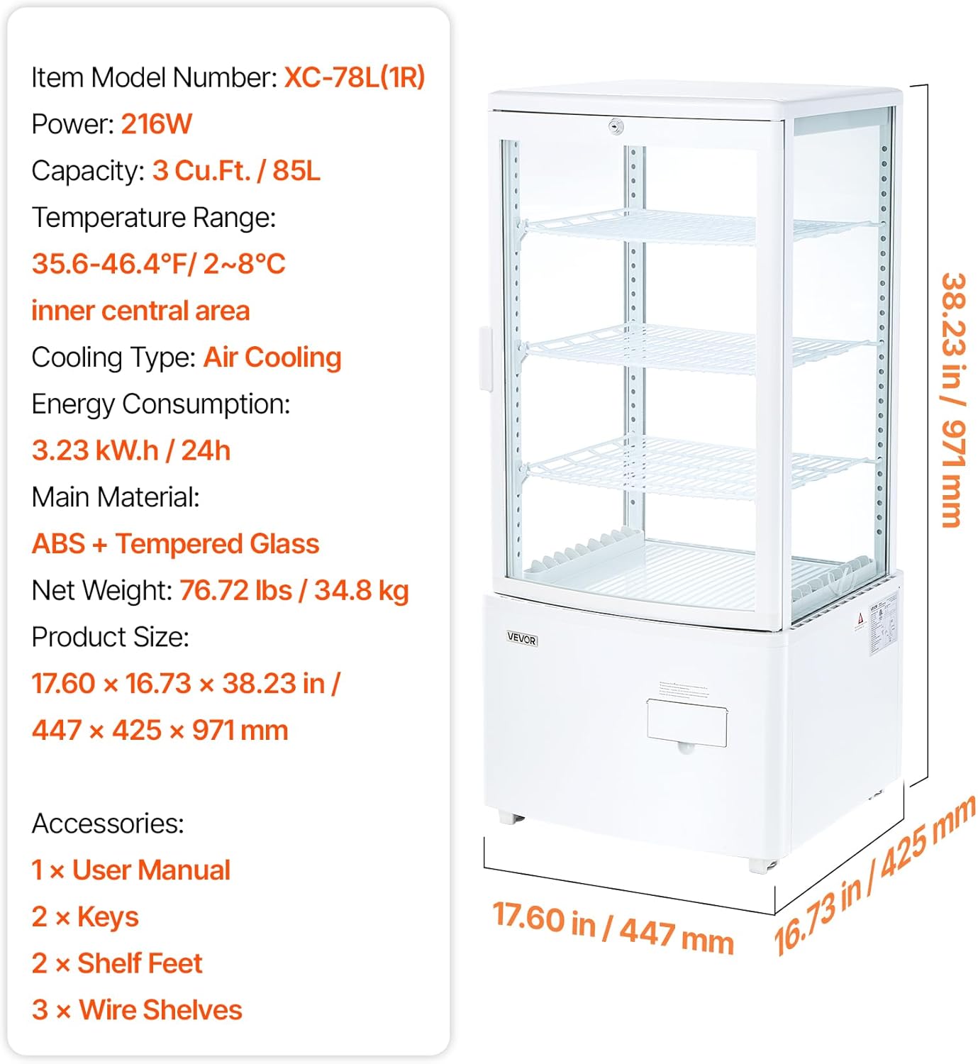 VEVOR Refrigerated Display Case, 3 Cu.Ft./85L Countertop Pastry Display Case, 3-Tier Commercial Cake Refrigerator with LED Lighting, TURBO Cooling, Frost-Free Air-Cooling, for Bakery, Dessert Shop