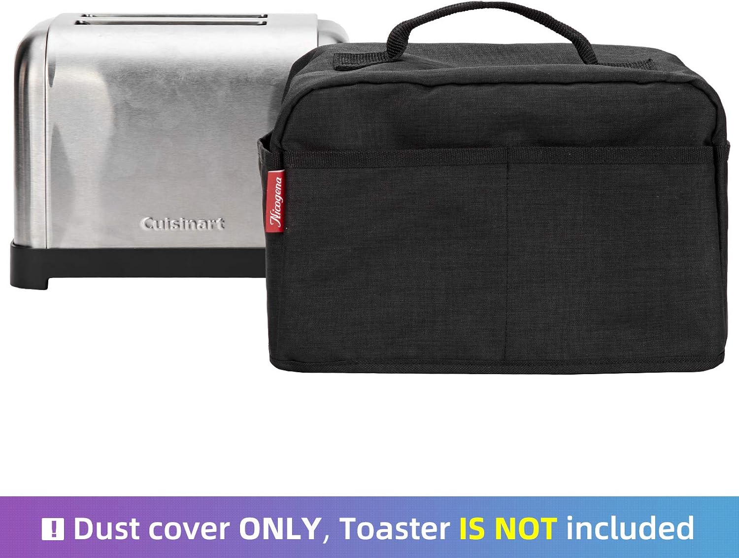 NICOGENA Toaster Dust Cover with Handle Compatible with Cuisinart 2 Slice Toaster, Dust and Fingerprint Protection,Pockets for Accessories, Black