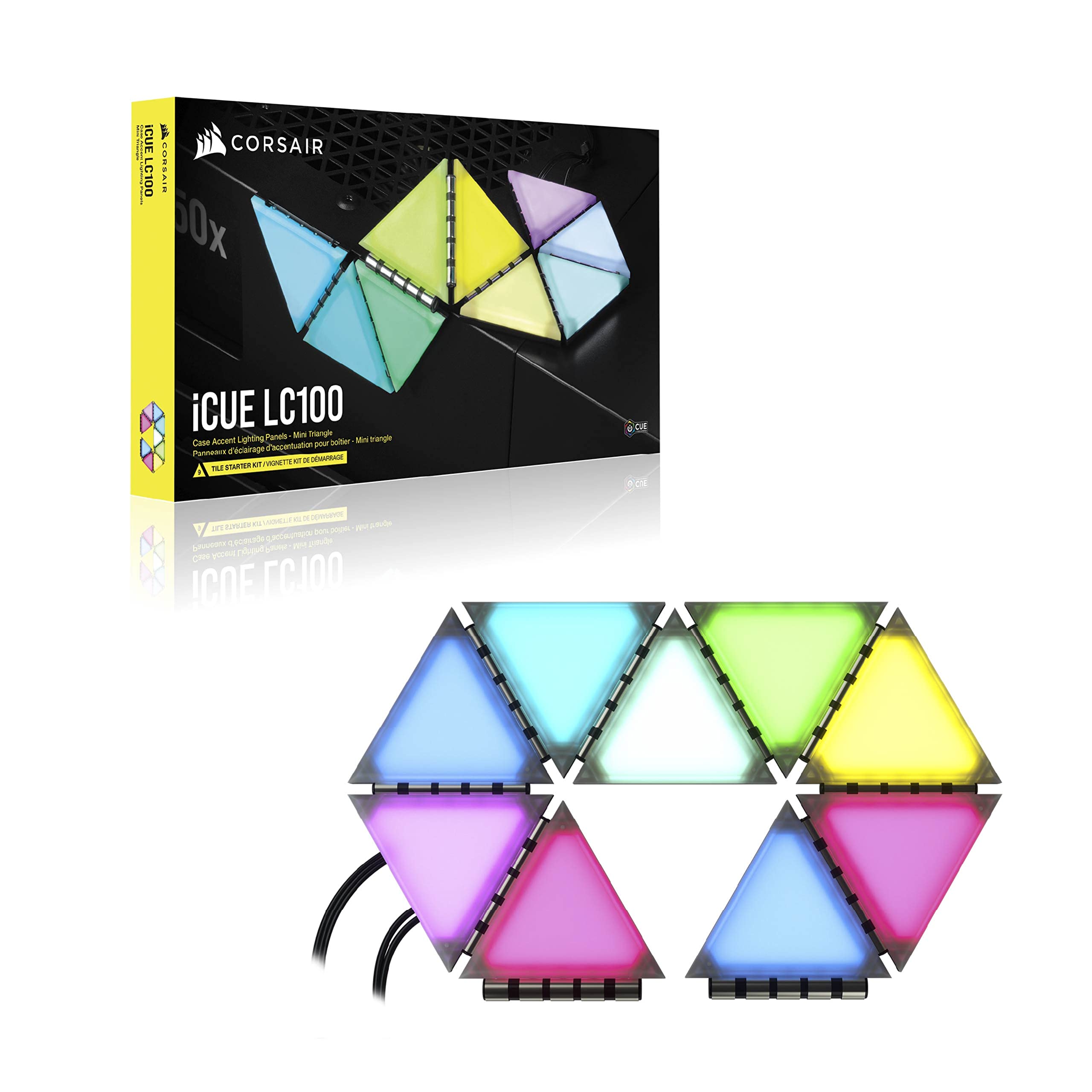Corsair iCUE LC100 – Panele podświetlające na obudowę – minitrójkąt – zestaw startowy z 9 płytkami (81 diod RGB LED z rozpraszającą światło, CORSAIR iCUE Lighting Node PRO w zestawie) Przejrzysty