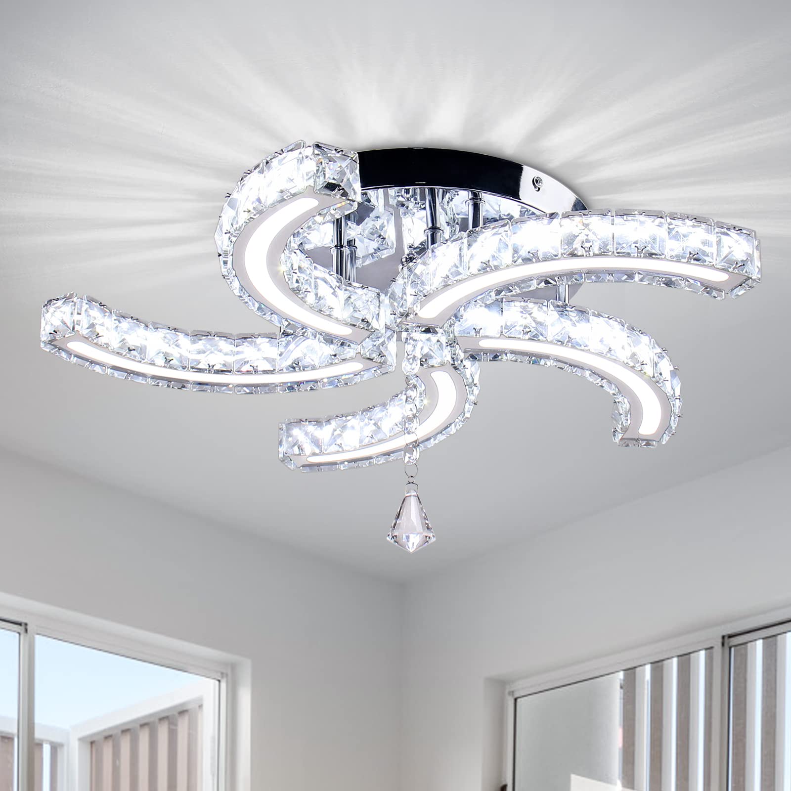 Lustres modernes en cristal Plafonniers à Led en cristal acrylique Bras de suspension Lampe de plafond suspendue pour le salon, la salle à manger et la chambre à coucher (blanc froid)