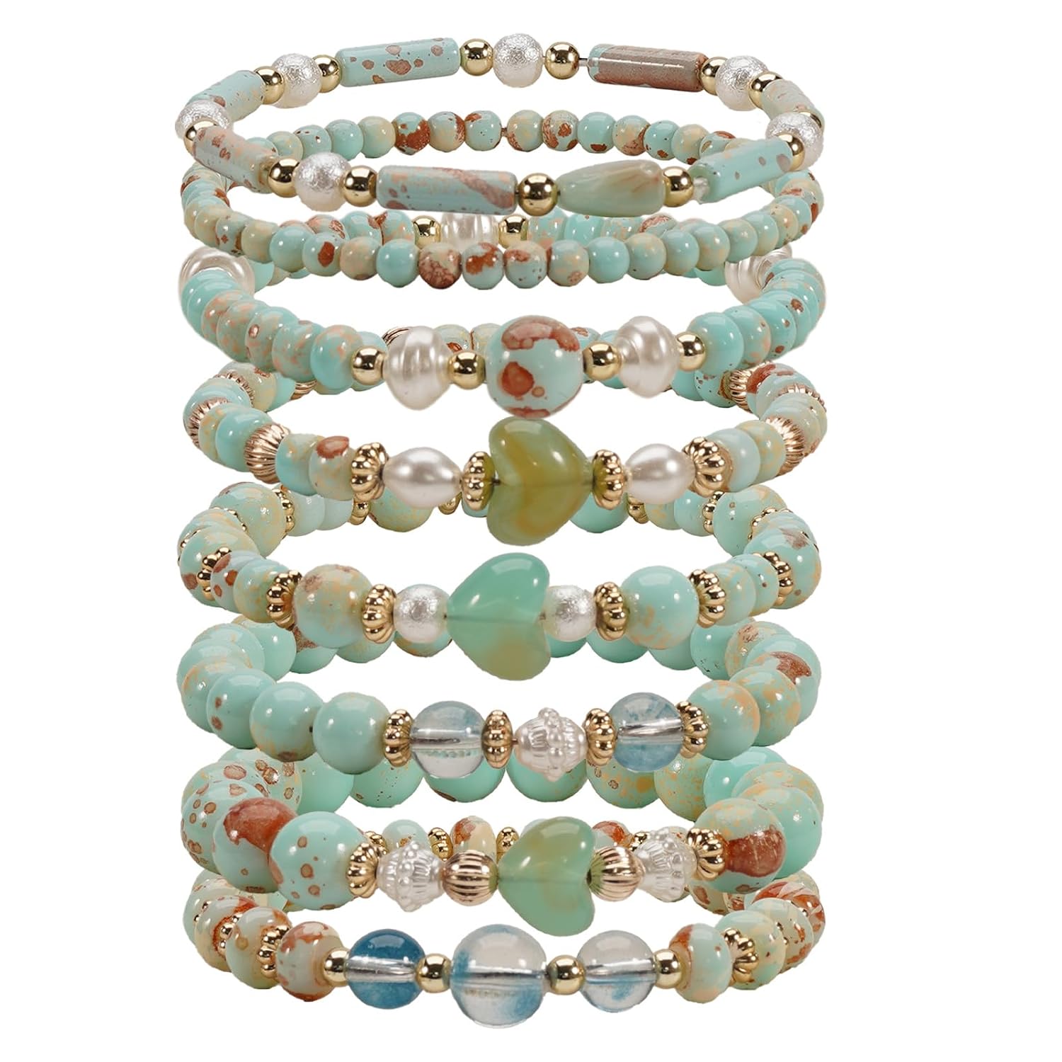 Bohemian Bracelet Sets for Women - 7-Pack Stackable Stretch Bead Bracelets with Gold Accents for St. Patrick‘s Day, Multi-Layer Gift Set - Image 10