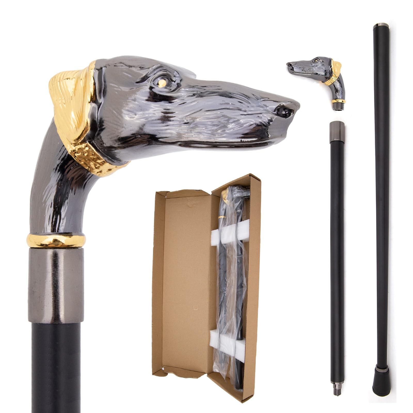 Baston de Caminar Cabeza Galgo Gris Dorado – Estilo Británico, Bastón Elegante y Lujo para La Excursión, El Cosplay, Uso Diario Regalo