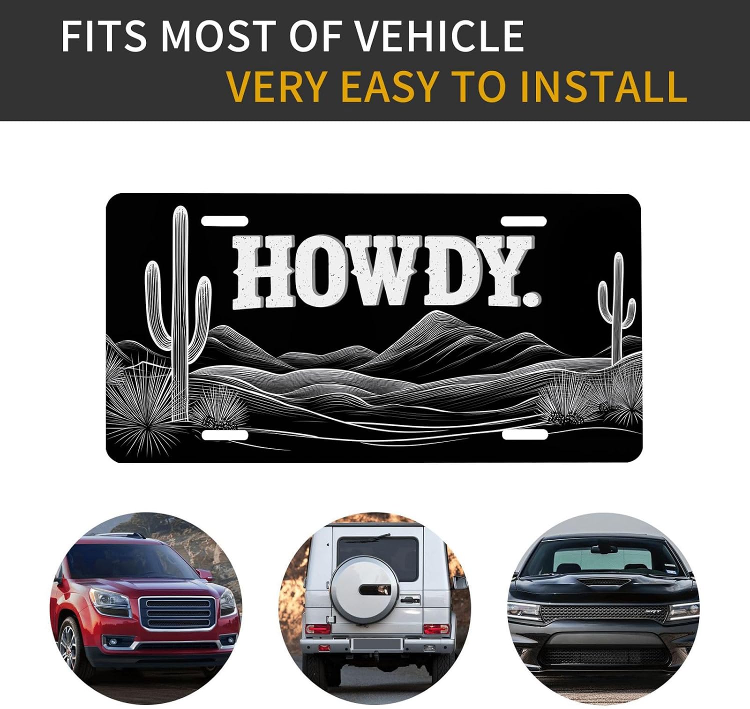 Western Front License Plate for Women Black White Cowboy Desert Cactus Rustic Car Vanity Plates Decorative Aluminum Metal Cute Novelty License Plate 6x12 Inch (4 Holes)