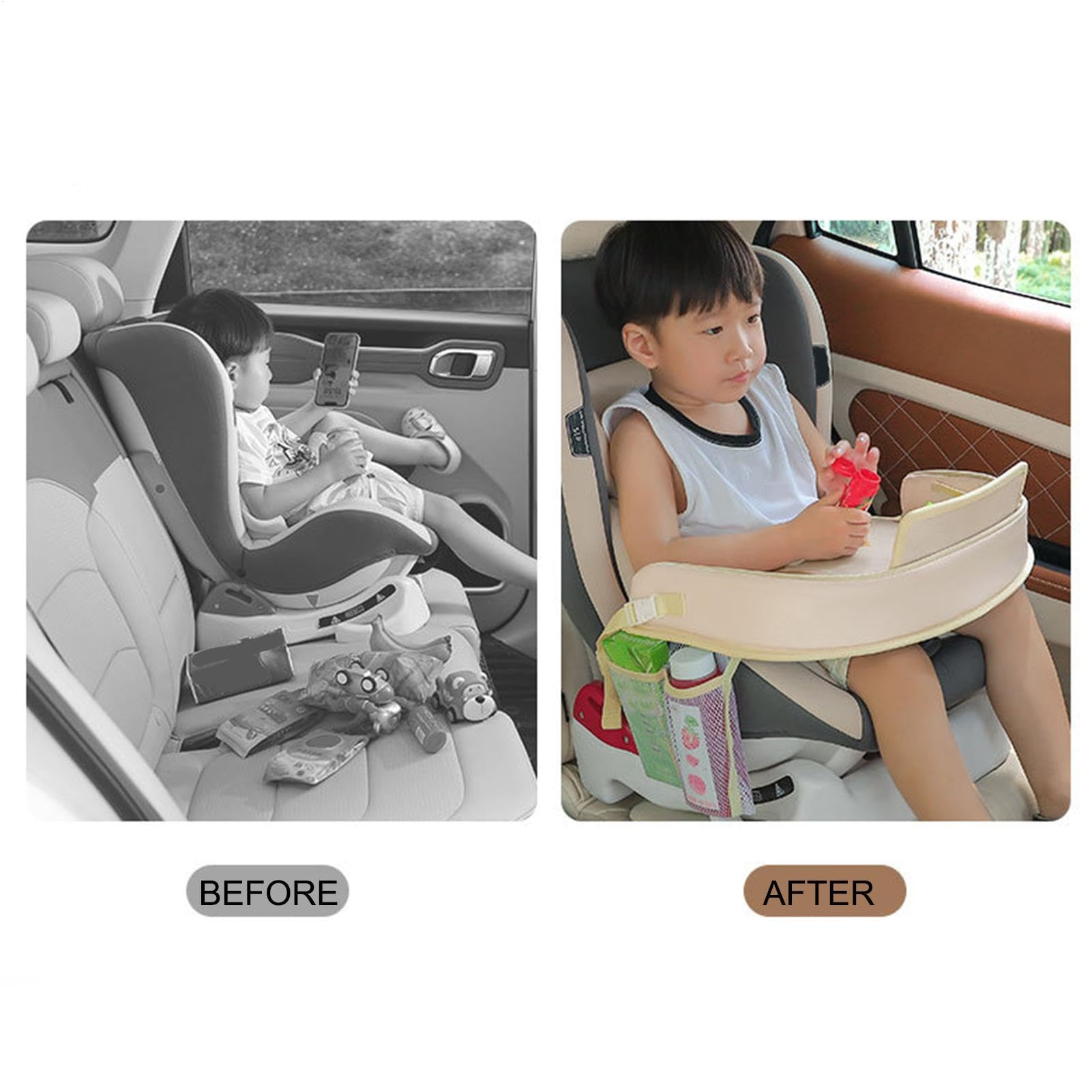 Vassoio per seggiolino auto per bambini, da viaggio, con tasche portaoggetti, snack e attività, organizer robusto per tablet, libri, bevande, viaggi su strada, 32 x 42 cm
