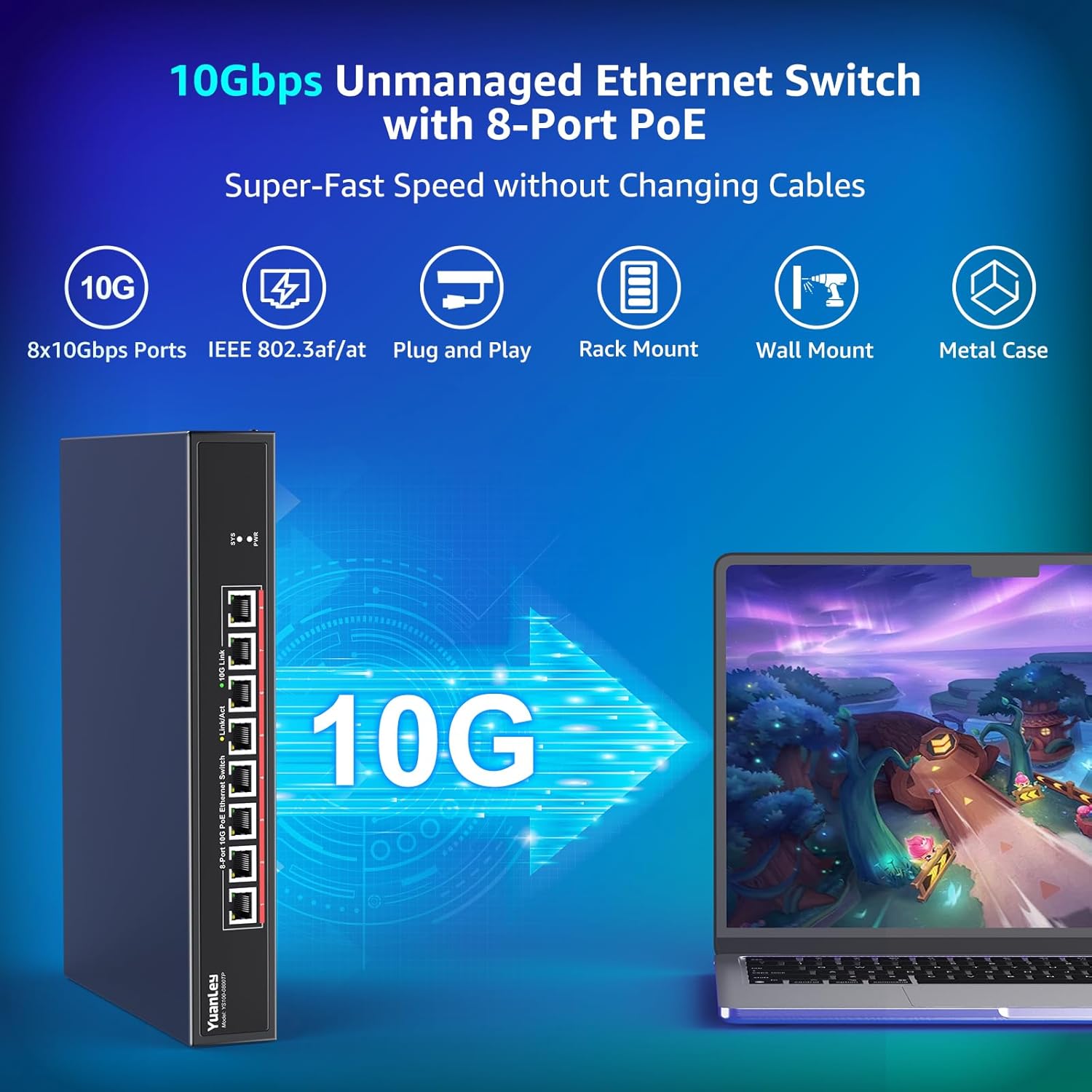YuanLey 8 Port 10G PoE Switch Unmanaged, 8 x 10G Base-T PoE Ports, IEEE802.3af/at, 110W Built-in Power, Compatible with 1G/2.5G/5G/10G, Metal Case, Rackmount/Wall Mount 10Gbe Network Switch