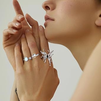 KRFY 13Pcs Y2K Rings for Women Girls Kids Open Fidget Rings For Anxiety Women Adjustable Rings Womens Heart Bow Moonstone Anxiety Ring For Women Cute Silver Rings Set