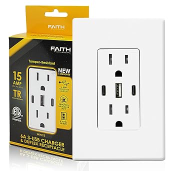 6.0A USB Outlet, 3-Port 30W Wall Outlets with 2 Type C & 1 Type A, 15 Amp Receptacle Plug, Tamper Resistant Receptacle, Screwless Wall Plate UC2A1-15A6ASP, ETL Listed, White, 1 Pack