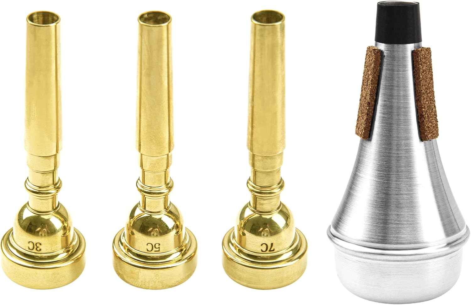 4Pcs Yootones Trumpet Mouthpiece (3C 5C 7C) with Trumpet Mute Silencer Compatible with Yamaha Bach Conn King Trumpet Replacement Musical Instruments Accessories (Gold)