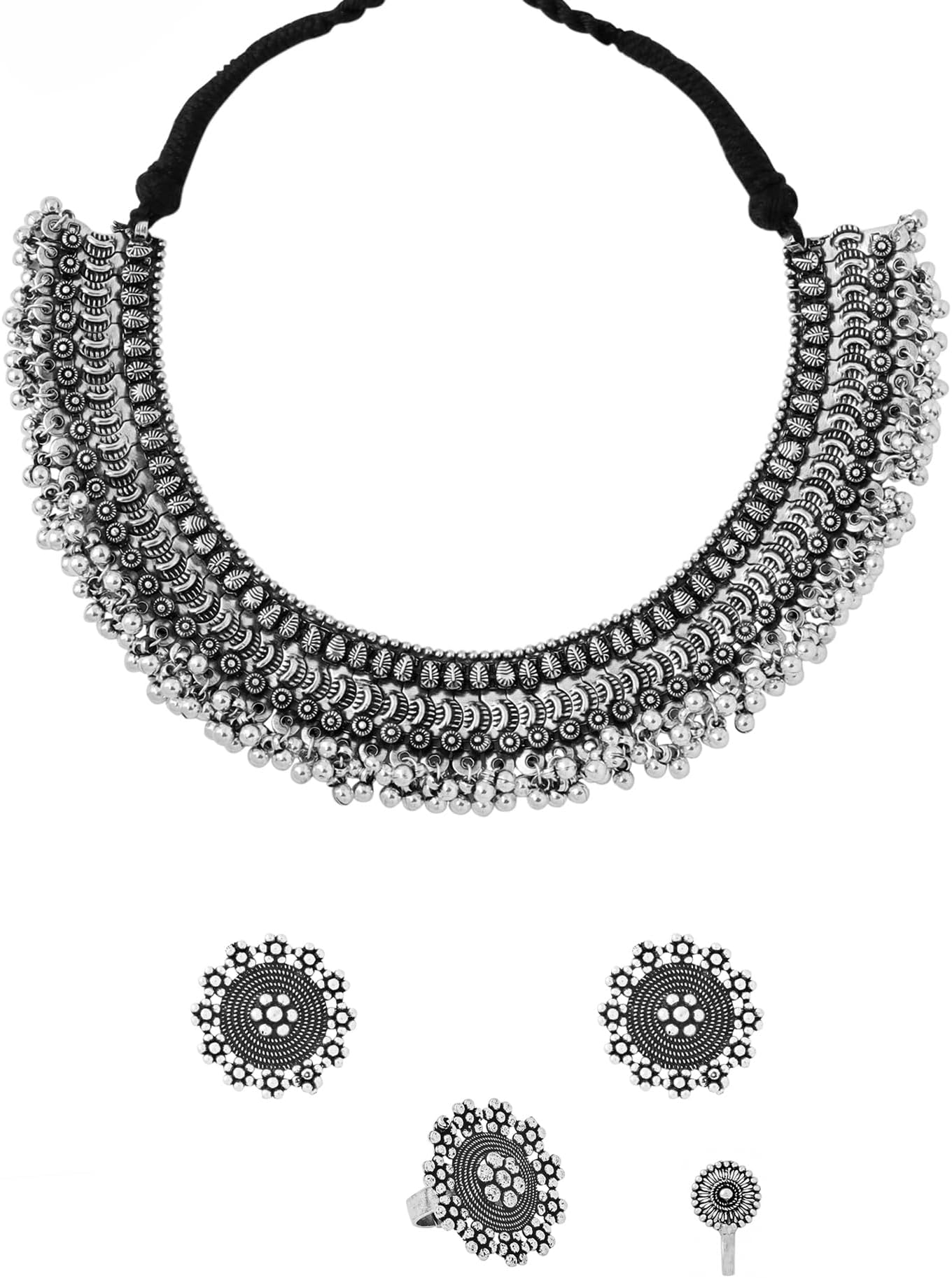 Yellow Chimes German Silver Oxidised Jewellery Set Traditional Threaded Choker Necklace Set for Women and Girls