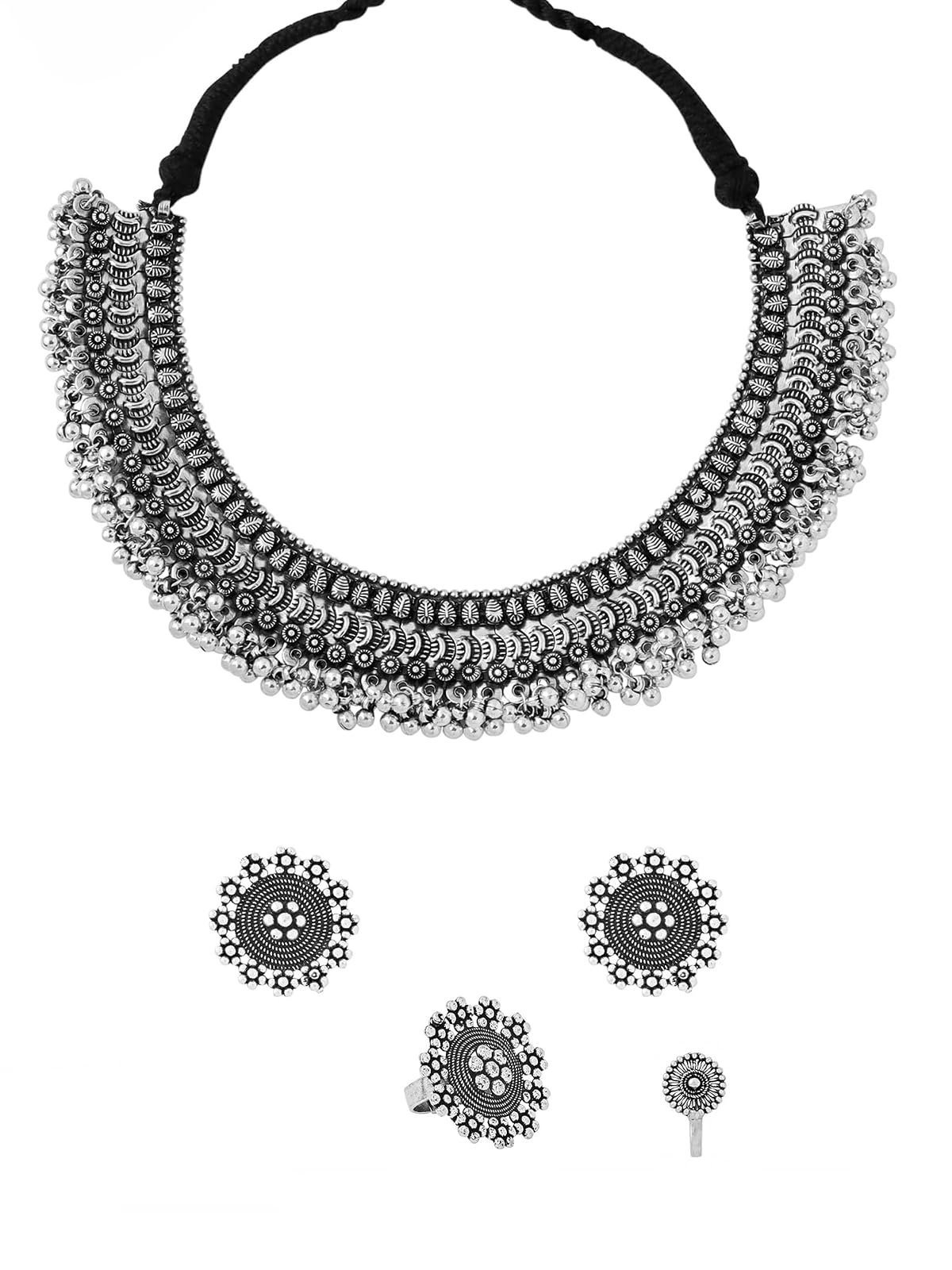 Yellow Chimes Classic German Silver Oxidised Crafted Traditional Choker
