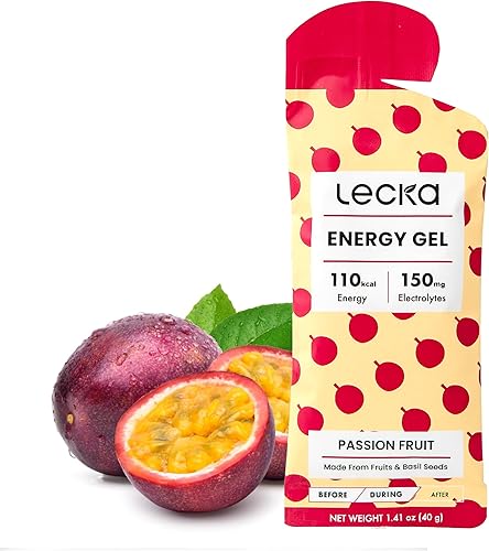 Lecka Natural Energy Gel de maracuyá, 12 geles para correr con 0.88 oz de carbohidratos, 110 calorías y electrolitos naturales  Mezcla de fruta real