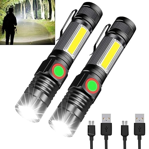 LED Flashlight Rechargeable, 2000 Lumens Super Bright Tactical Flashlight, Magnetic LED Flashlight with Cob Work Light, 4 Modes, Zoomable, Waterproof Pocket Flashlight for Camping Emergency 2Pcs