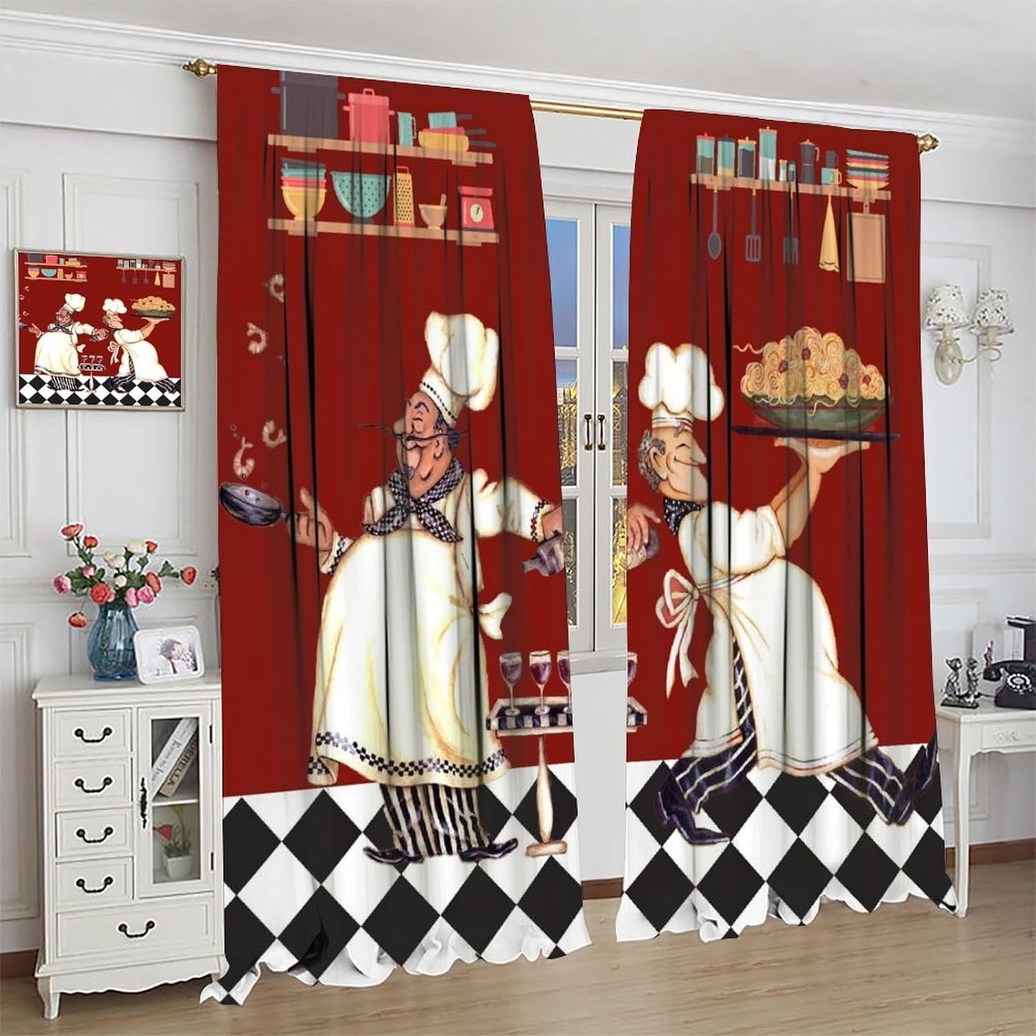 Chef Kitchen Curtain Abstract Funny Cook Theme Window Treatment for Bedroom Living Room Red Black Buffalo Check Plaid Decor Window Drapes 42" W X 54" L