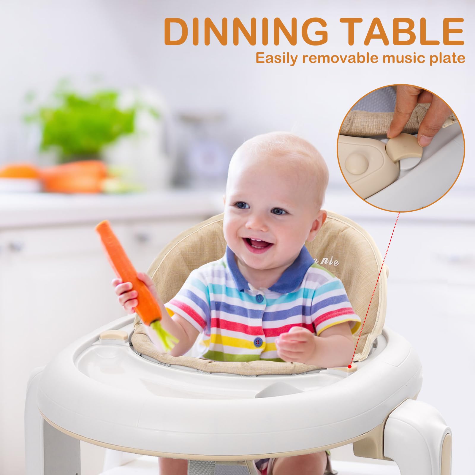3 w 1 Chodzik dla dzieci, 6 regulowanych wysokości i 2 poziomów regulowanego siedzenia, BabyWalker z cichymi kołami 360°, tacą na kolację i wyjmowaną tacą na muzykę, dla dzieci w wieku 6-18 miesięcy