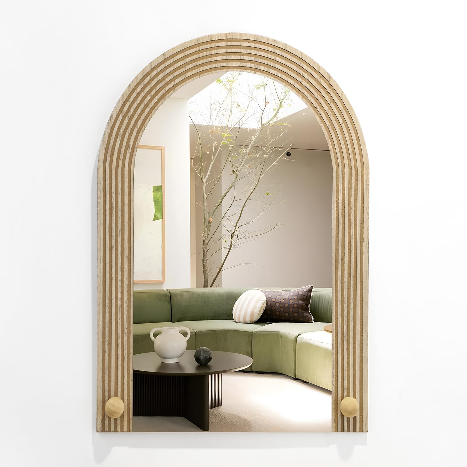 Farmhouse Wall Mirror Decor for Living Room Bedroom, Arched Wood Carved Wall-Mounted Decorative Mirror for Hallway Entryway Staircase Decor, Countryside Hanging Sculpture Home Accent,18.8x13.8