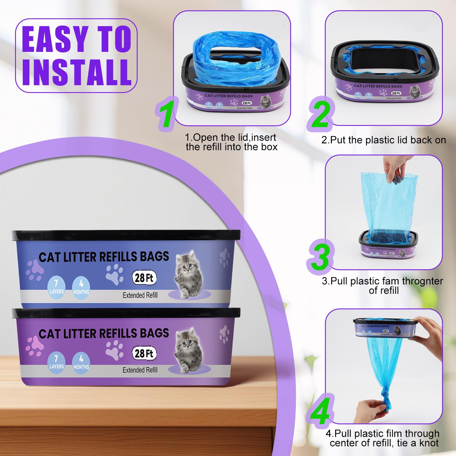compatibles Litter Genie Standard, Plus,XL,Style para Cubos de Arena para Gatos, Bolsas de Recambio para Arena para Gatos, Control Superior de olores,8.5M, Paquete de 2 Piezas
