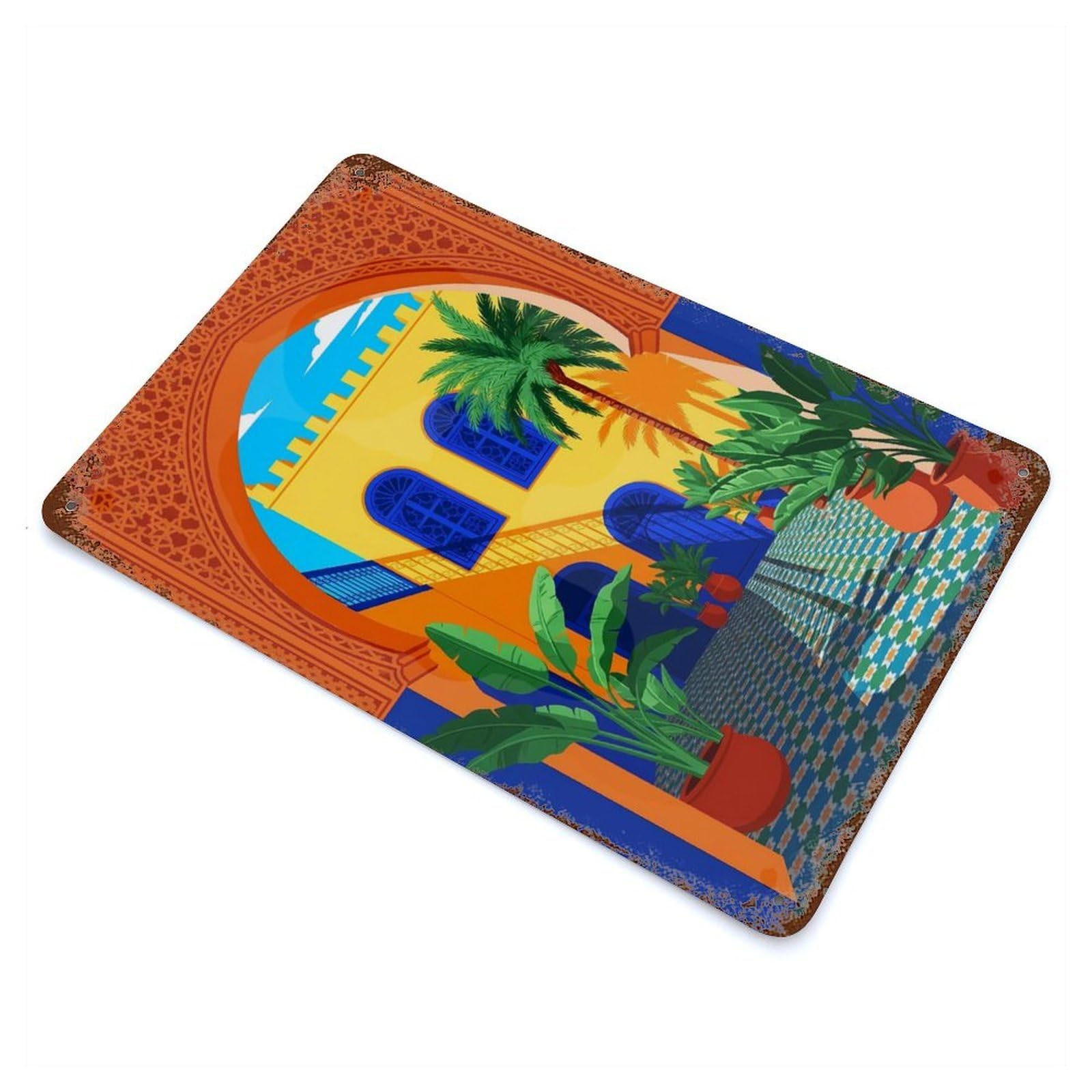 Decorative Tin Sign Moroccan Courtyard 11.8"x7.9", Vintage Wall Decor for Pub, Kitchen And Man Cave Decor