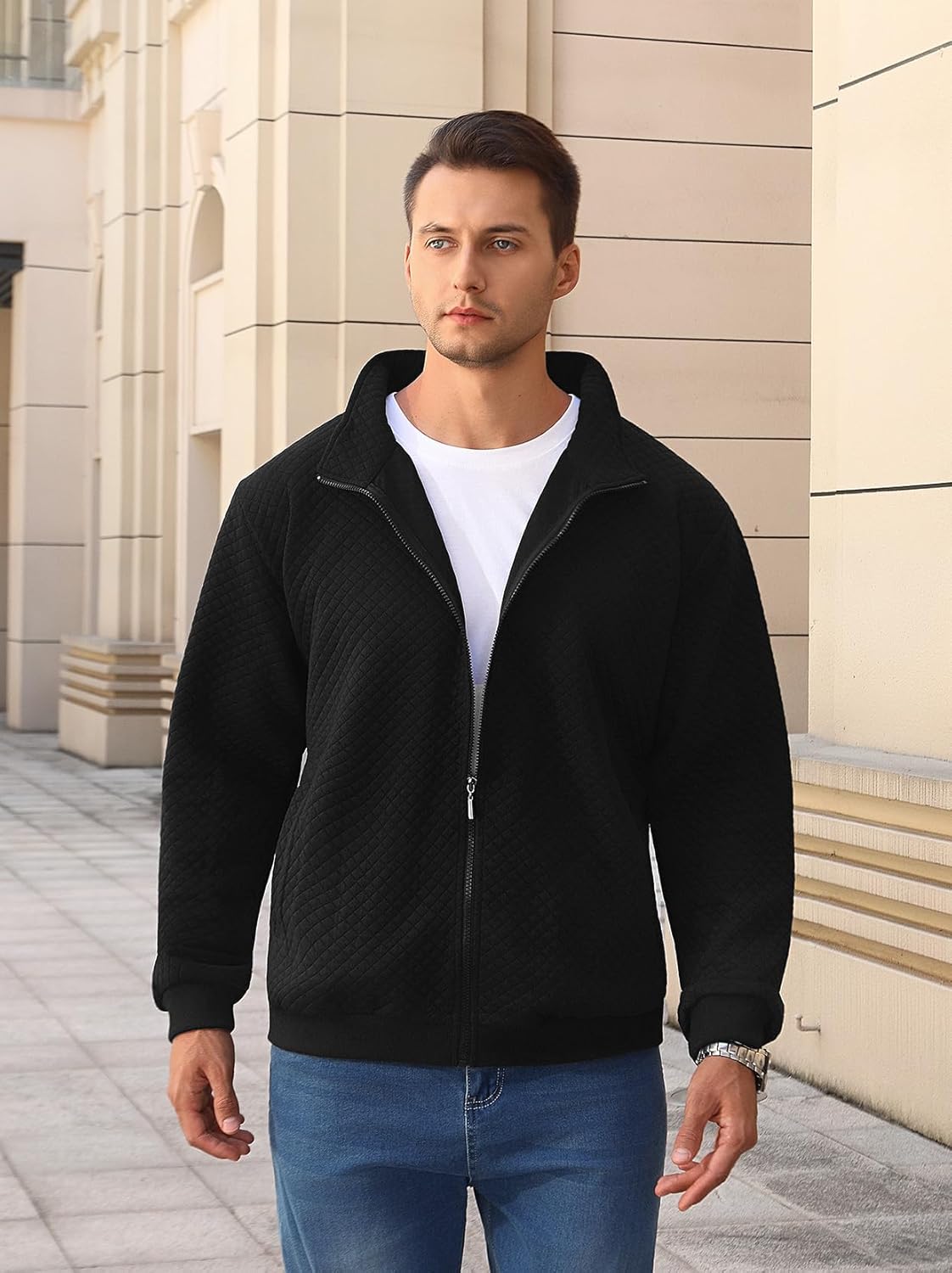 Mens Sweatshirt Full Zip Up Mock Neck Quilted Jacket Sweatshirt for Men Lightweight Casual Sweater with Pocket - Image 3