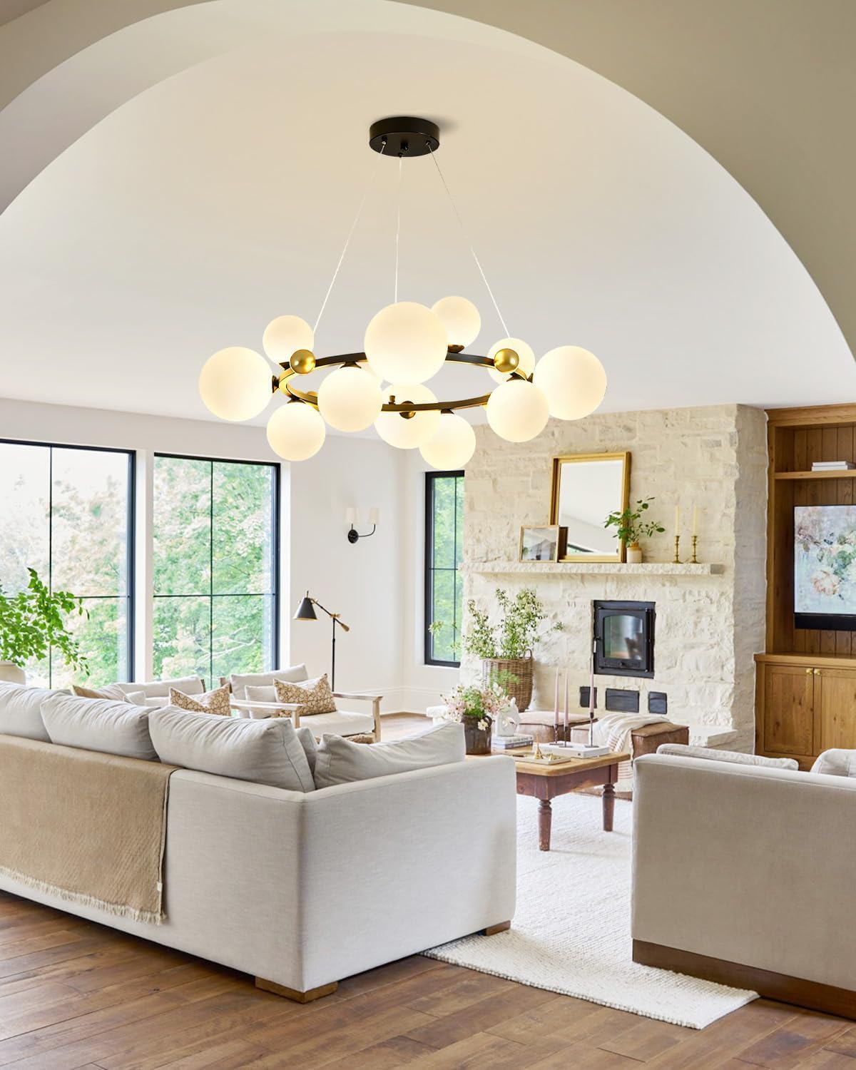 Mid Century Ball Glass Chandelier, 12-Lights Hanging Ceiling Lamp Blown Milk White Glass Globe Round Pendant Light Fixtures for Bedroom Dining Living Room, Black Sputnik Chandeliers Indoor Lighting