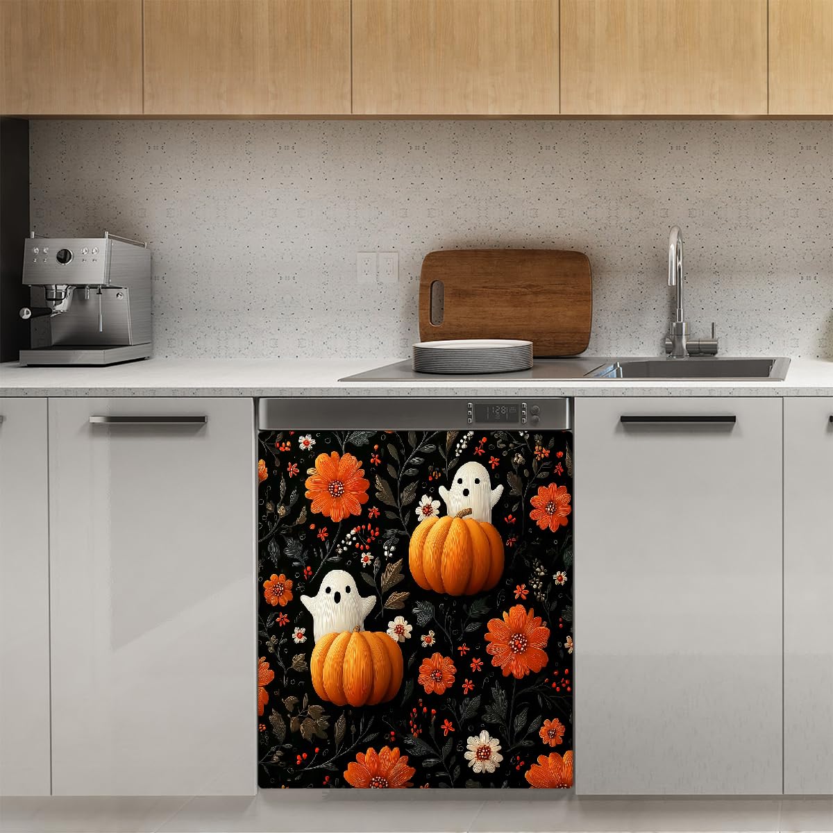 Mexpekil Adesivo decorativo per lavastoviglie con motivo floreale e fantasma, con foglie scure, 58 x 66 cm, adesivo decorativo per lavapiatti per porta d'ingresso, impermeabile, pannello magnetico per