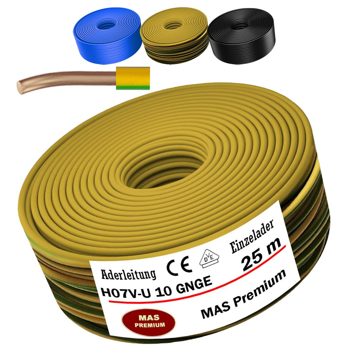 MAS Premium Câble conducteur monofil - 5 à 100 m - H07 V-U 4 6 10 16 - Fil simple rigide (H07 V-U 10 GNGE, 25 m)