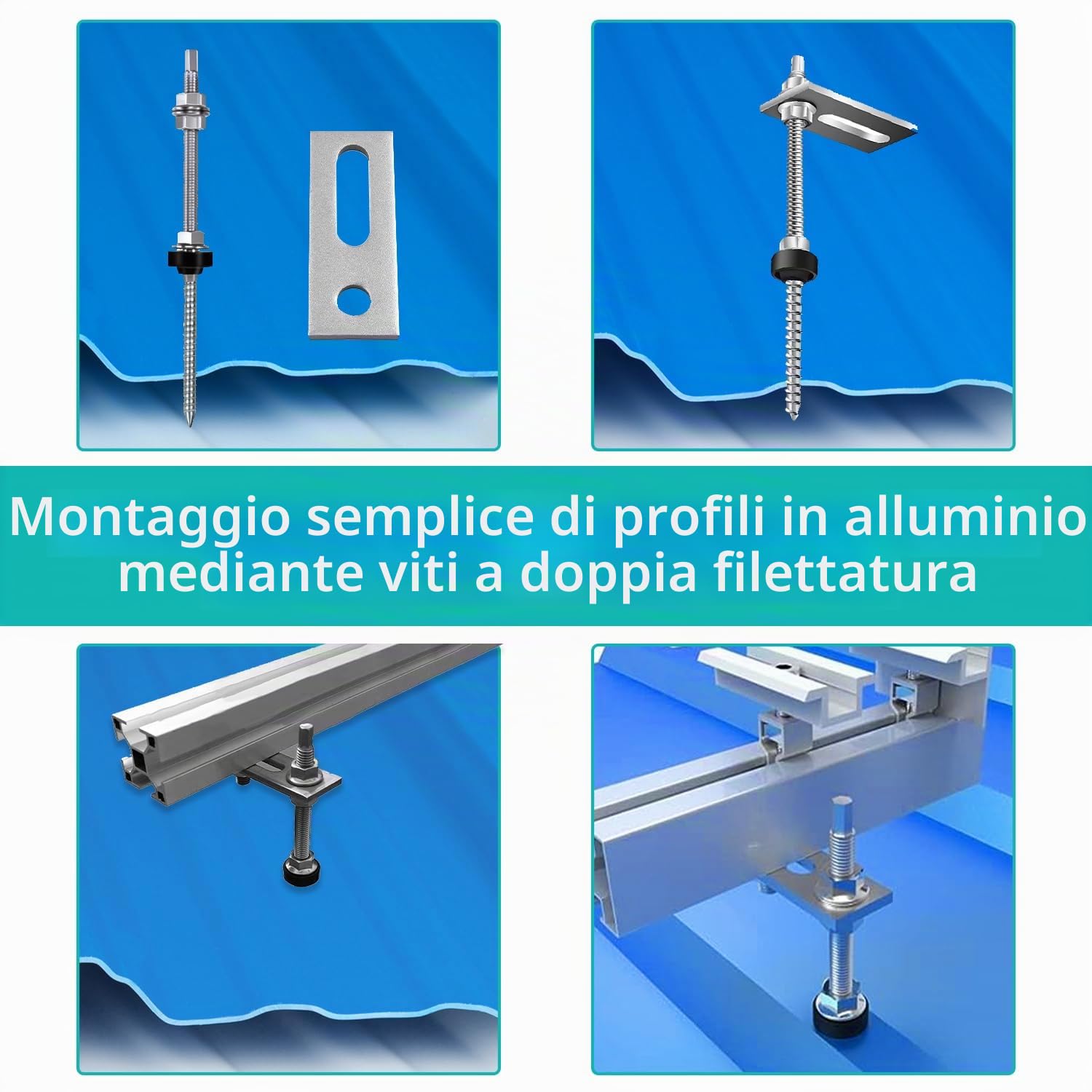 16 Pezzi Viti M10 x 200 mm, Vite in Acciaio Inox, Regolabili In Altezza, con 16 Pezzi 8,2 x 3 cm Guarnizione, per Fissaggio Solare Fotovoltaico, per Tetti Con I Coppi