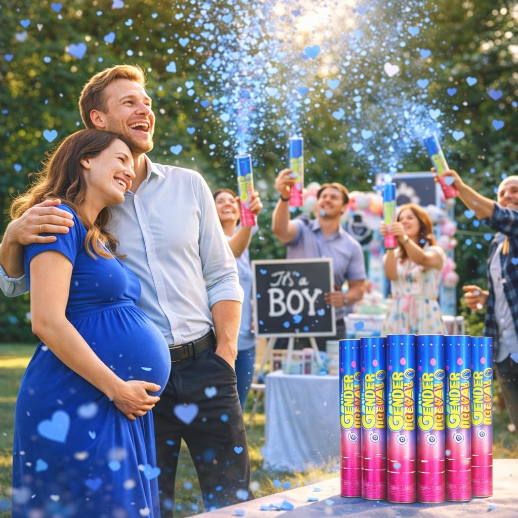 Gender Reveal Konfetti Kanonen - 6 Pack Blau Party Poppers - Baby Boy Gender Reveal Cannon Kit mit herzförmigem Konfetti - Easy Twist Shooters für Baby Reveal Party Dekorationen