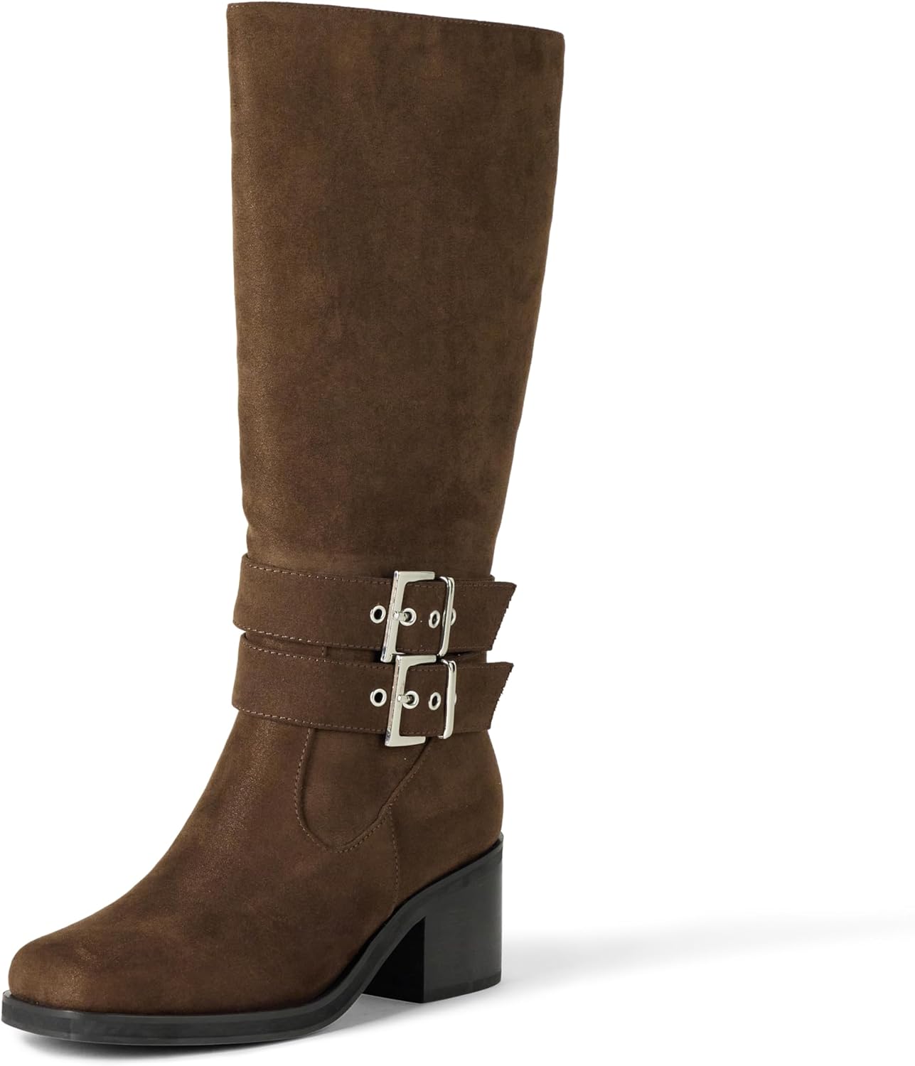 The Drop Women's Sage Tall Biker Boot with Buckles 8.5 Brown Microsuede