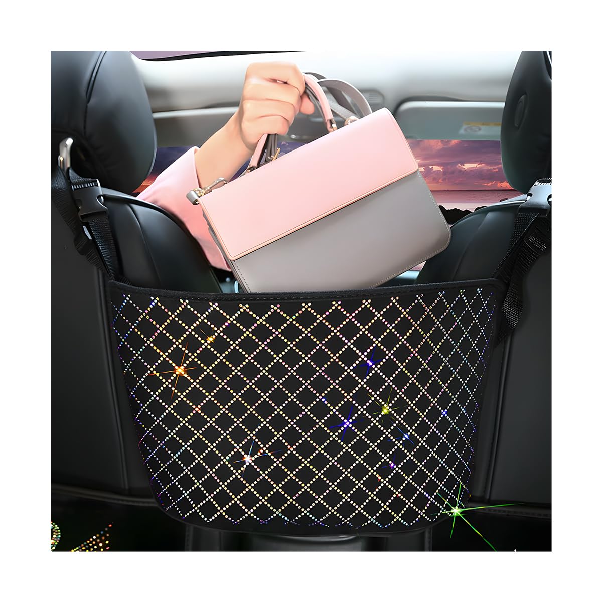 zipelo Bling Car Net Pocket Handbag Holder, Rhinestone Vehicle Backseat Purse Organizer Between Seats, Diamond Hanging Storage Bag Barrier of Pet Kids