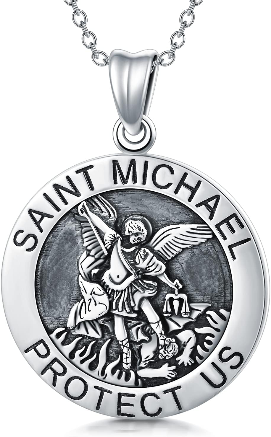 LONAGO Saint Michael Medal Necklace Sterling Silver Protector St Michael Archangel Catholic Religious Coin Pendant Gift for Men