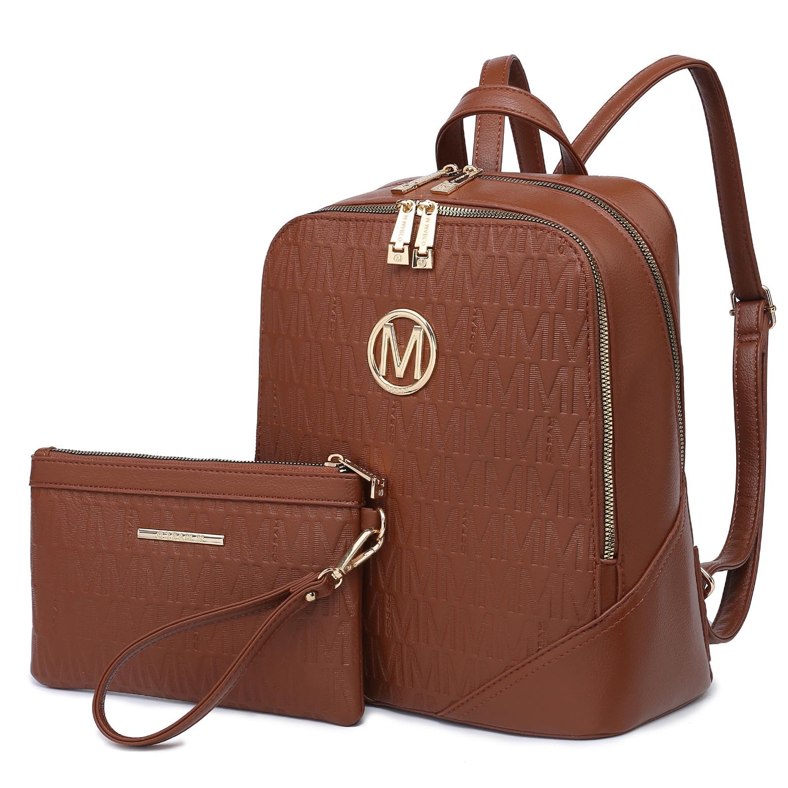 MKP Women's Fashion Medium Backpack Purse Set - 2Pcs PU Leather Shoulder Bag with Double Zipper for Travel and Daily Use