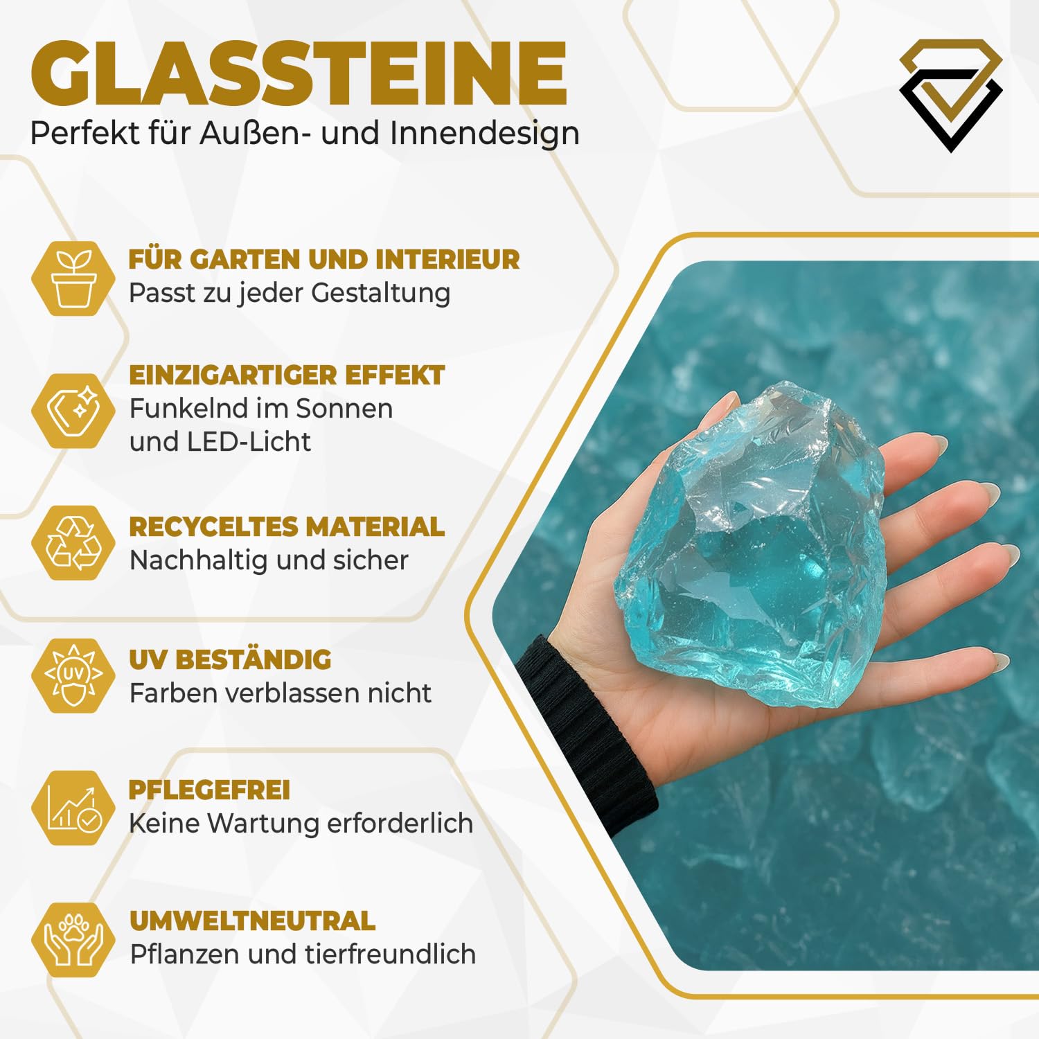 Glasbrocken Türkis 20 kg (5-10 cm) – Recyceltes Dekoglas für Biokamine, Gabionen & Garten | Wetterfeste Steine für Bodenvasen & Außenbereich