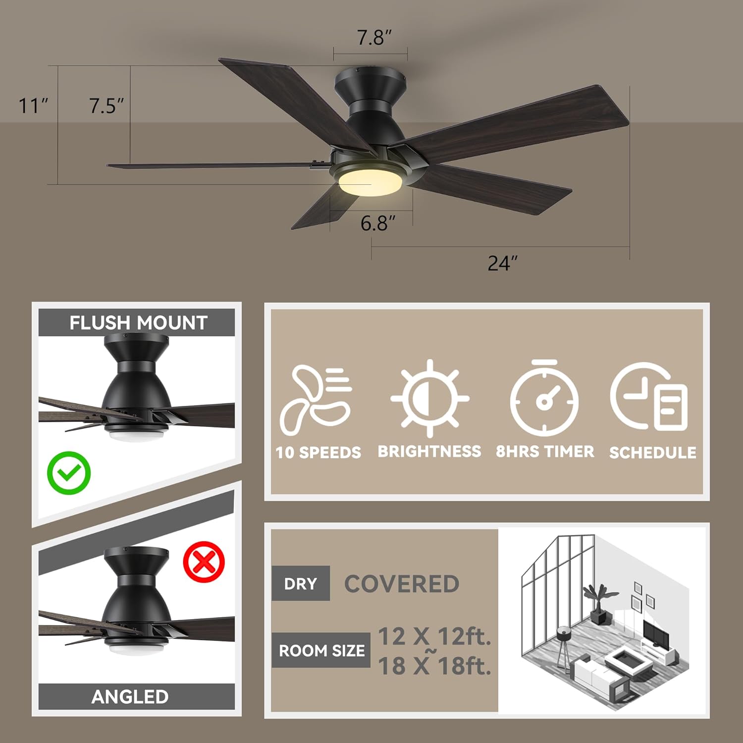 SMAAIR 48 Inch Smart Ceiling Fan with Light and Remote, Flush Mount Modern Ceiling Fan with lights,Compatible with Alexa/Google Assistant/Siri,Timer and Schedule,10 Speed DC Motor, Wooden/Walnut